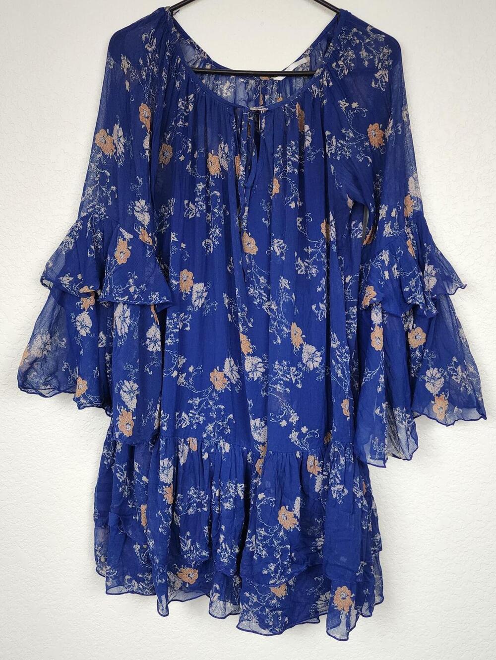 Free People Retro Floral Medium Blue Dress